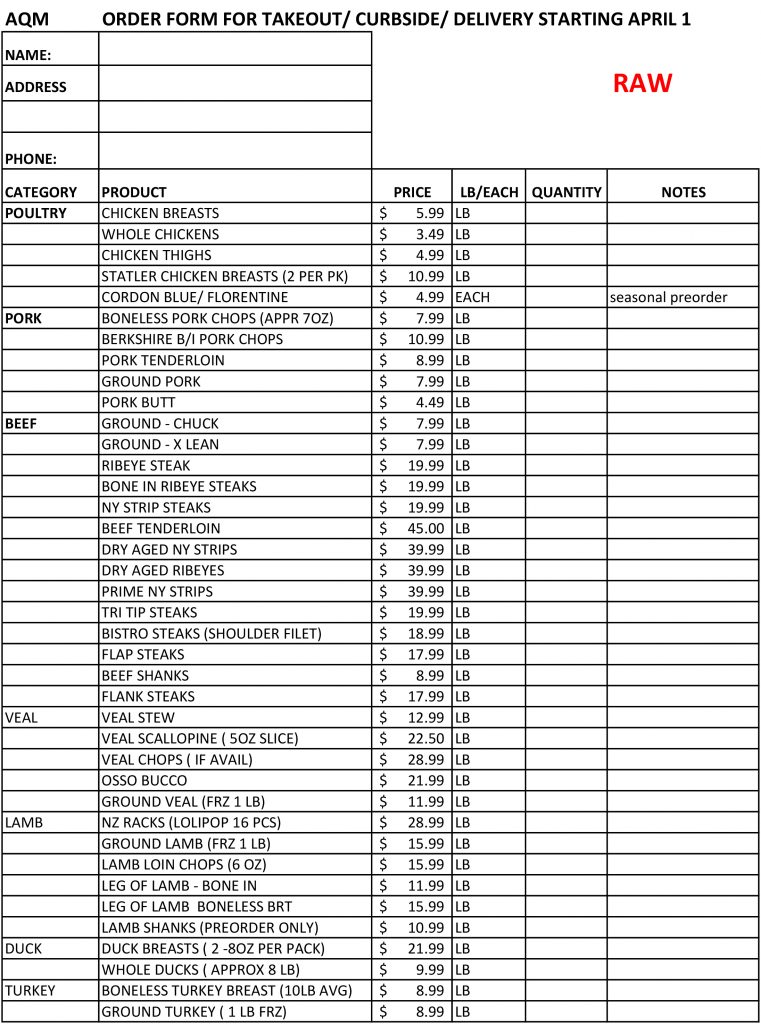 Online Order Form - Aquidneck Meat Market